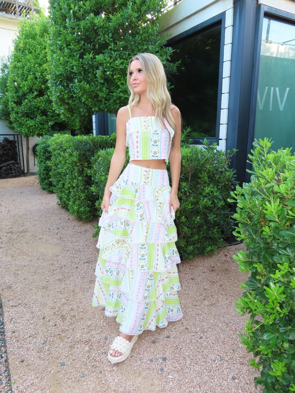 Tiered Ruffle Maxi Skirt in Pastel Floral Stripe - Picture 5 of 8